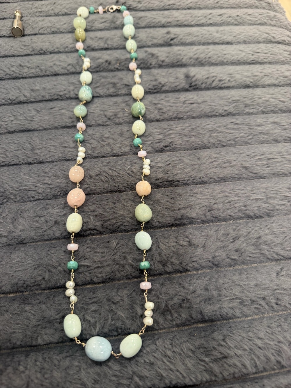 Vintage Summer Sorbet Necklace 30”Pearls Sterling Silver Rose Blue Green Stones